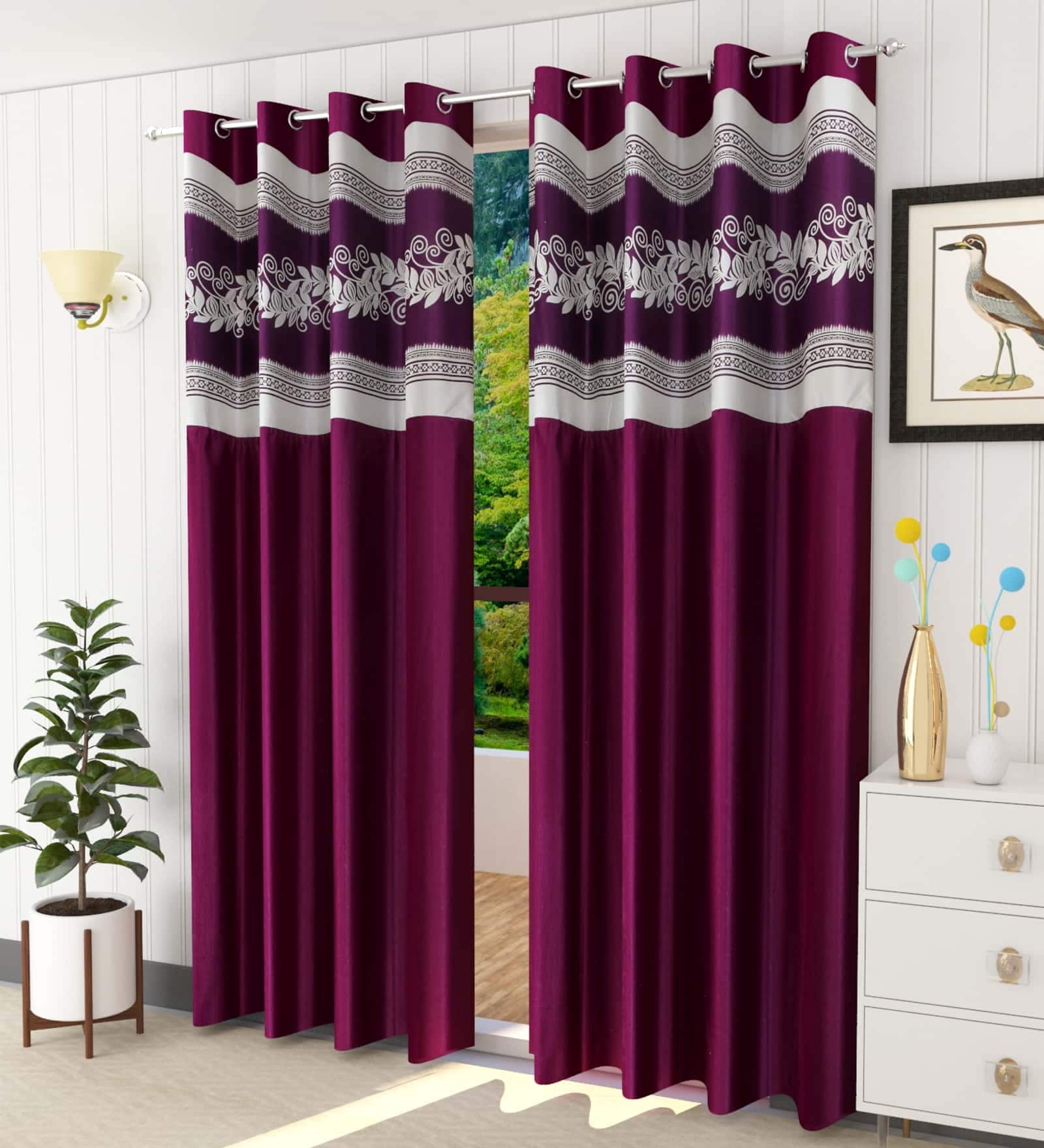 Wine Polyester Solid 9ft Semisheer Eyelet Long Door Curtains (3Pcs)