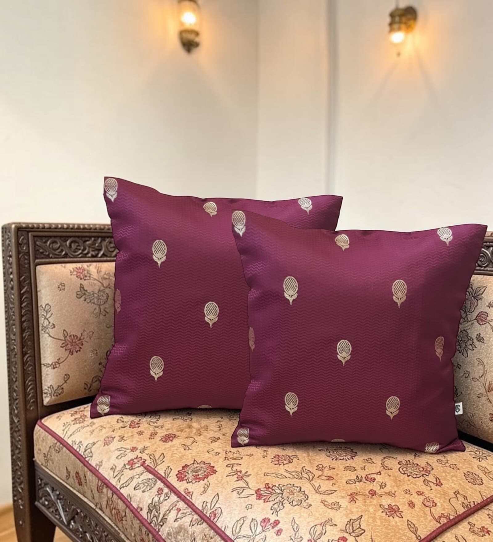 Wine Silk blend Banarasi Chanderi Zari 16x16 inches Cushion Covers (Set of 2)