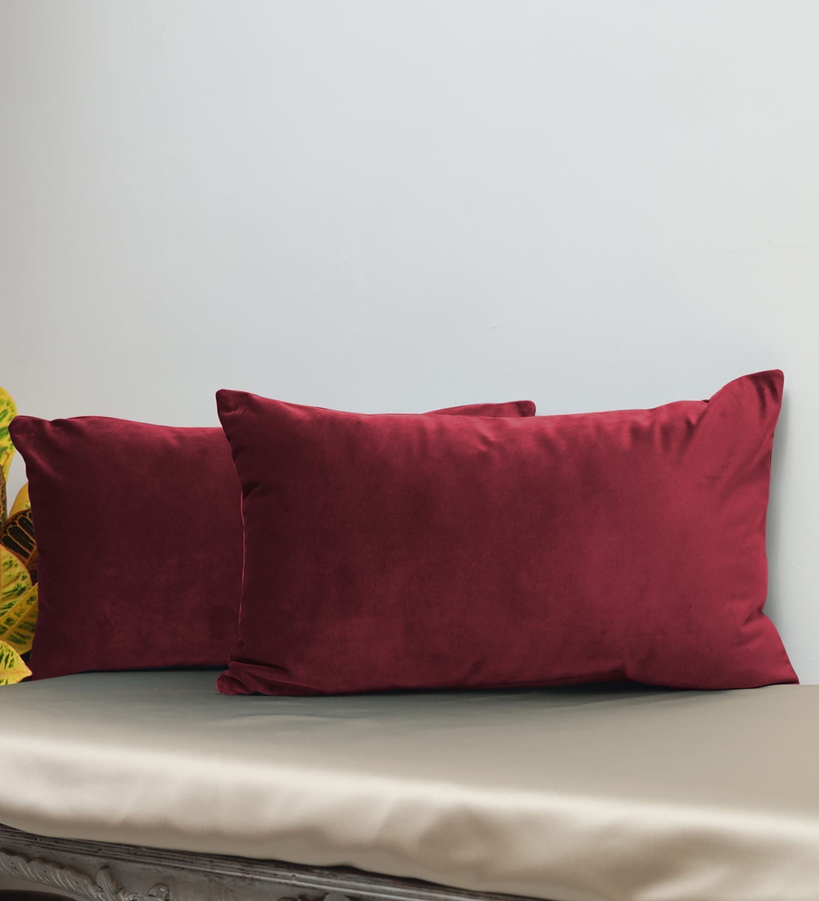 Wine Solid Velvet 12 x 18 Inches Cushion Covers (Set of 2)