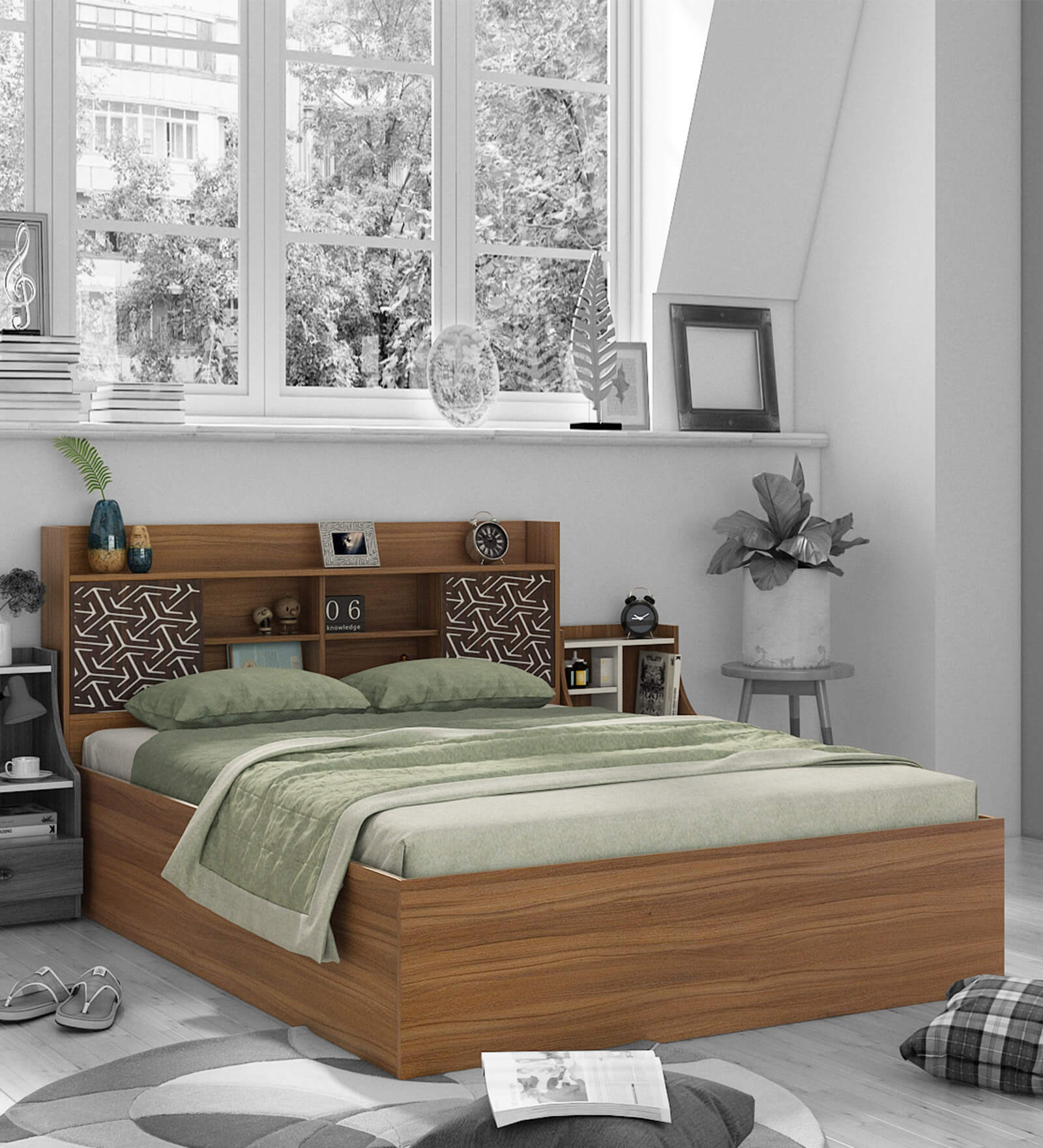 Buy Winslet Queen Size Bed in Teak & White Finish with Hydraulic
