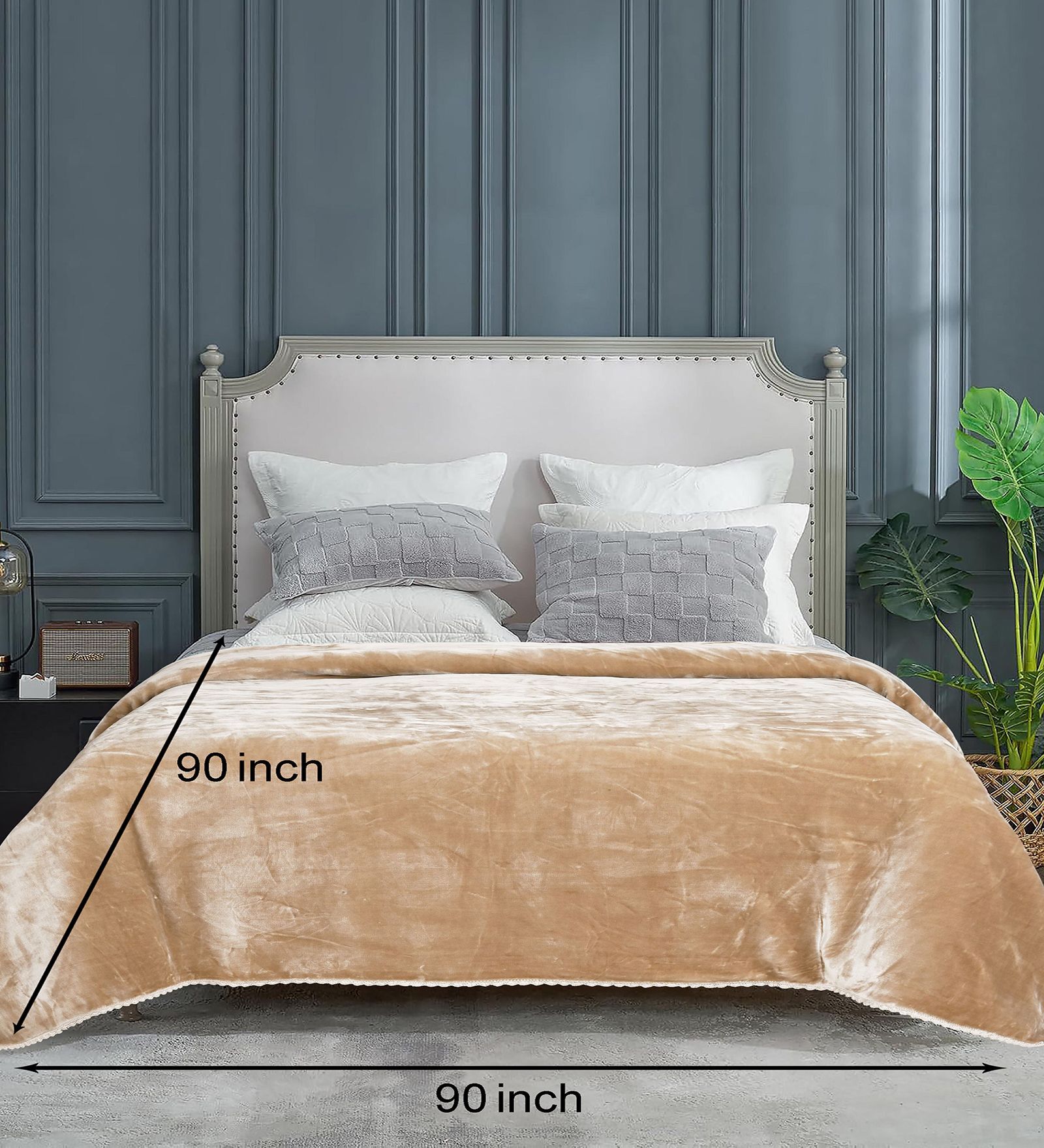 Beige Double Sided Heavy 2 Layer Blanket With Crochet Lace Edge