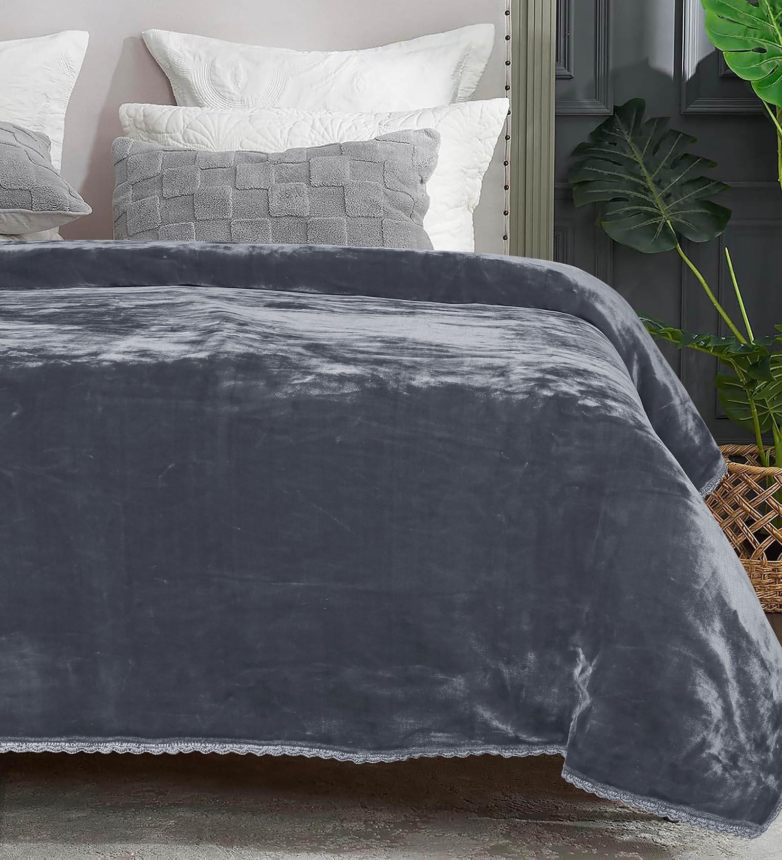 Grey Winter Mink Double Layer Heavy Cloudy Silky-Soft Single Blanket With Crochet Lace Edge
