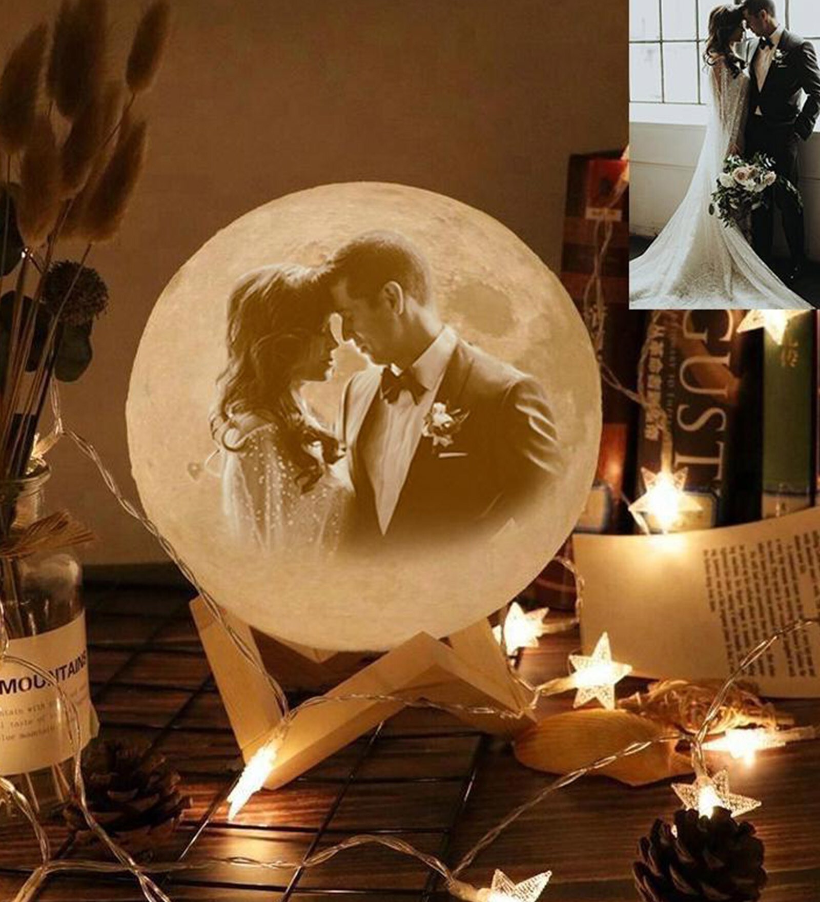 Touch Sensor 3 Colors Personalized 10Cm Moon Lamp With Wooden Base For Him