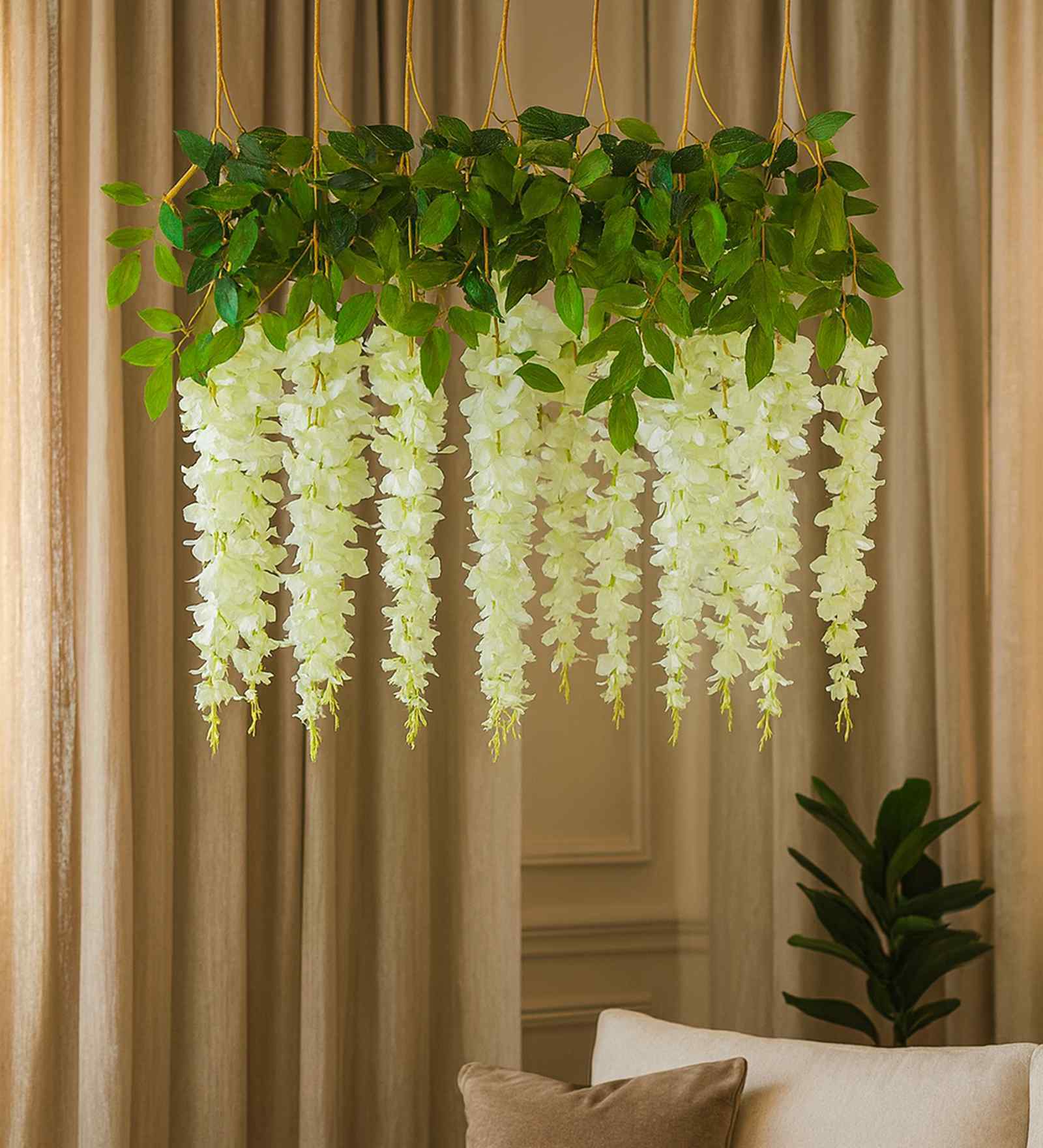 Set Of 6 White Plastic 3.7 Wisteria Hanging Artificial Flowers