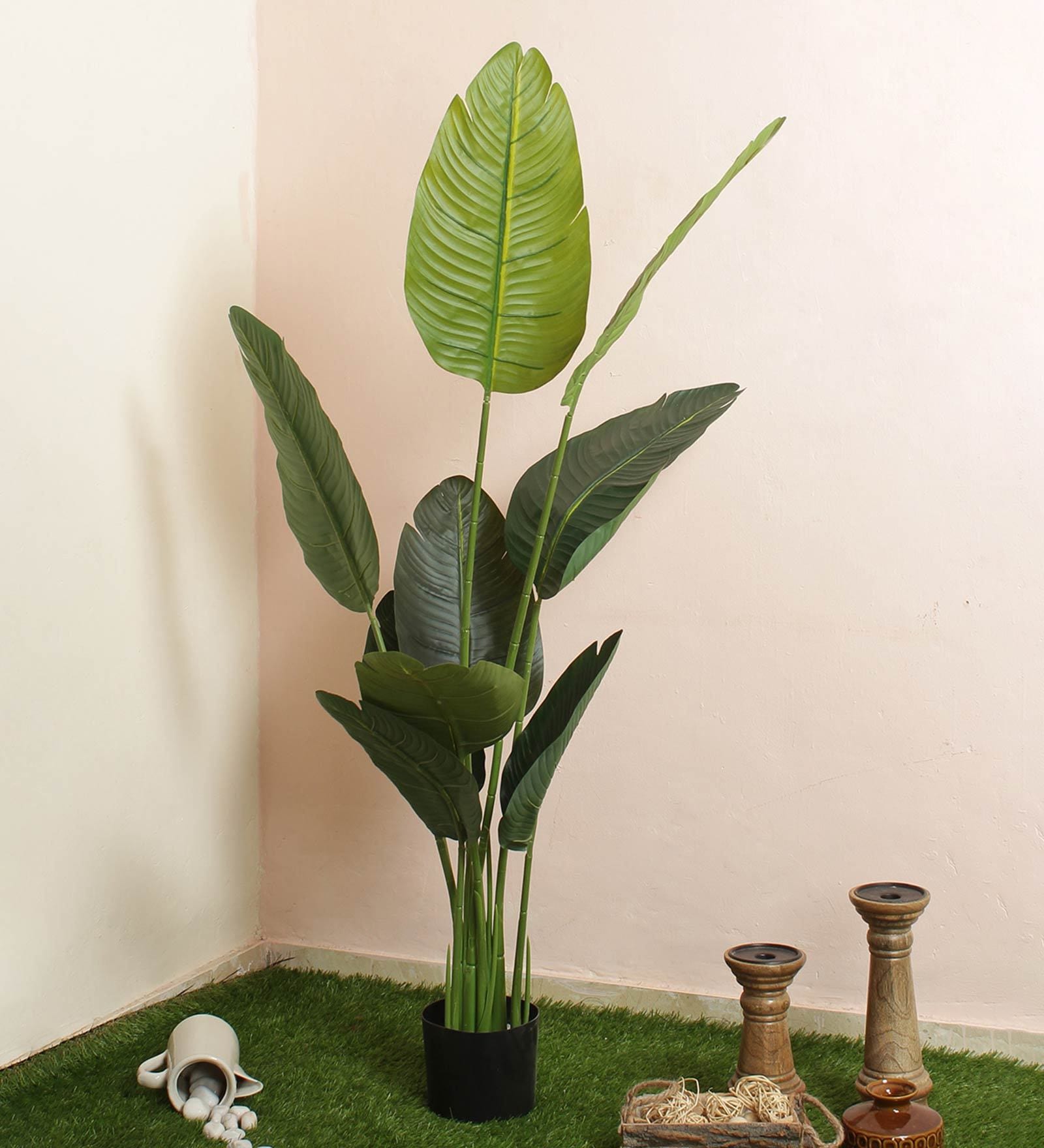 Green Artificial Banana Floor Plant with Black Pot