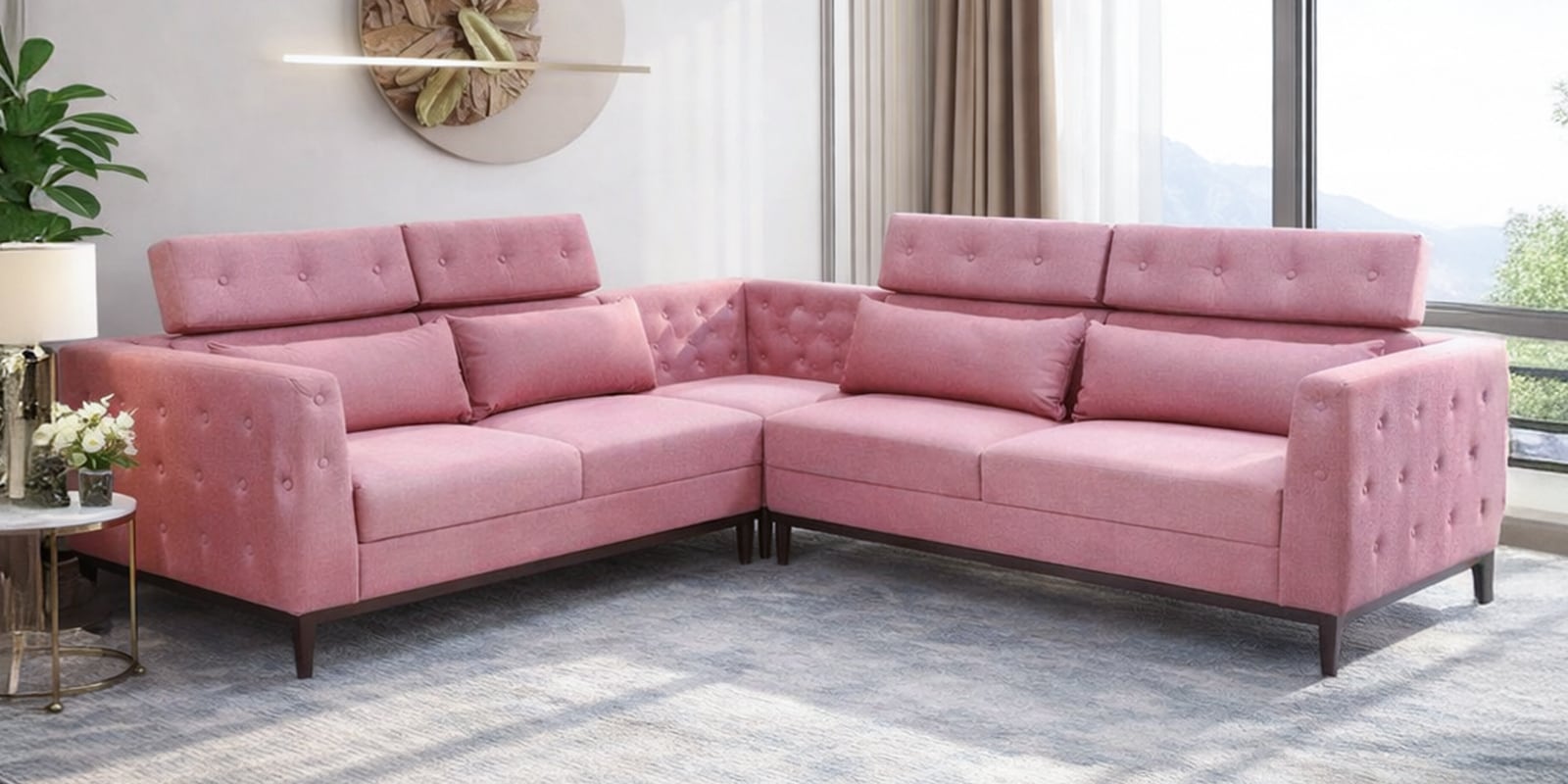 Winchester Chenille Fabric Corner Sofa With Adjustable Headrests in Blush Pink Colour