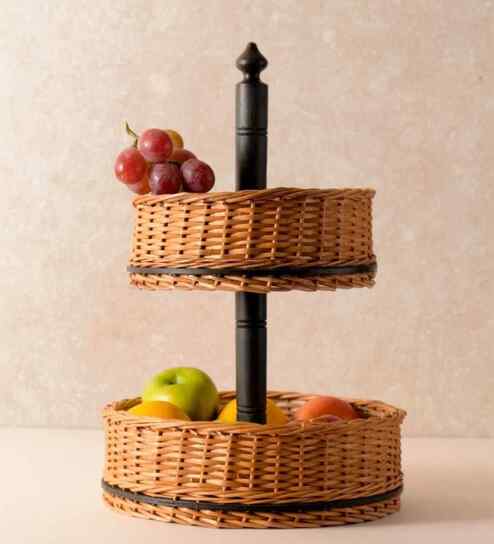 2 Tiers Rustic Charm Handcrafted Wicker & Wood Fruit Basket