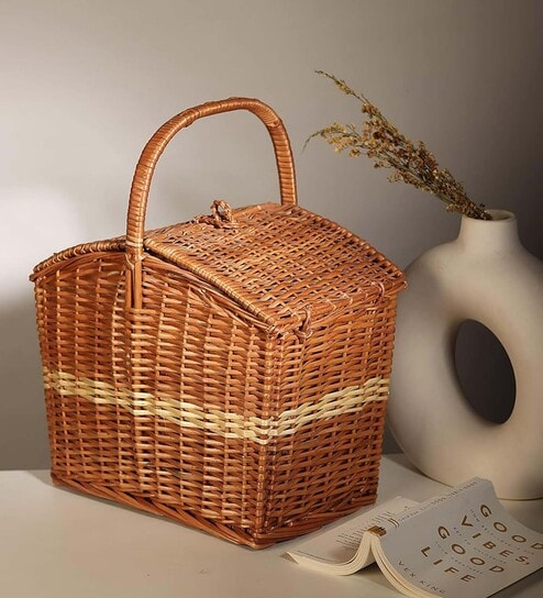 Wicker Basket for Lunch | Wicker Picnic Basket With Top Handle | Wicker Morden Picnic Basket, Brown Rectangular Basket (M) - 12 * 13 * 9 Inches)