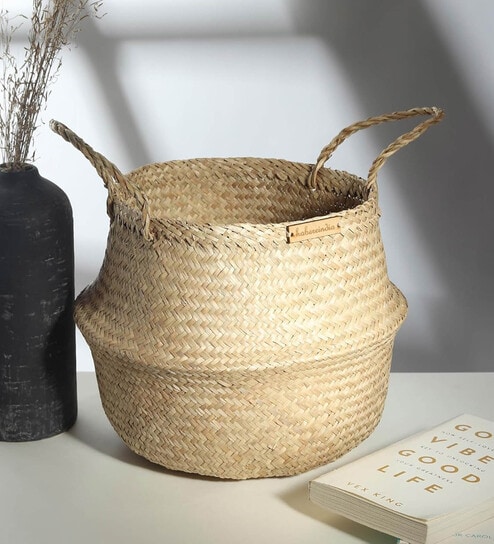 Set Of 3 Beige Bamboo Handwoven Multipurpose Planter & Storage Basket
