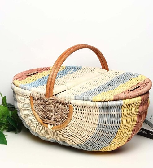 Wicker Basket For Storage|Wicker Basket Bathroom|Decorative Storage Baskets For Wardrobe With Top Handle (Large (48 X 30 X 22 Cm)) - Oval, Multicolor