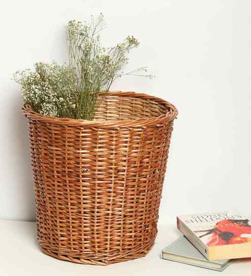 Set Of 2 Brown Wicker Handmade Eco-Friendly Dustbin