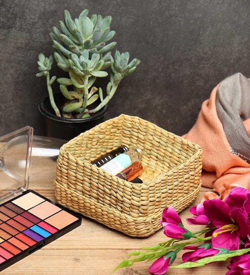 (1Pc) Beige Seagrass Handmade Eco-Friendly Storage Box & Organiser