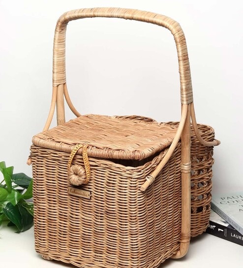 Wicker Picnic Basket for Storage | Picnic Basket With Top Handle | Morden food basket (Large- 34 x 27 x 23 CM)