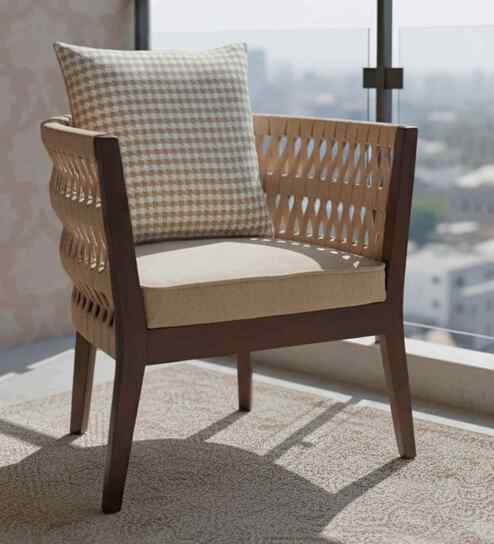 Wicker Teak Wood Bedroom Chair In Brown Finish