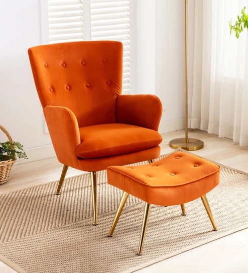 Wilbar Velvet Lounge Chair In Orange Colour With Foot Stool