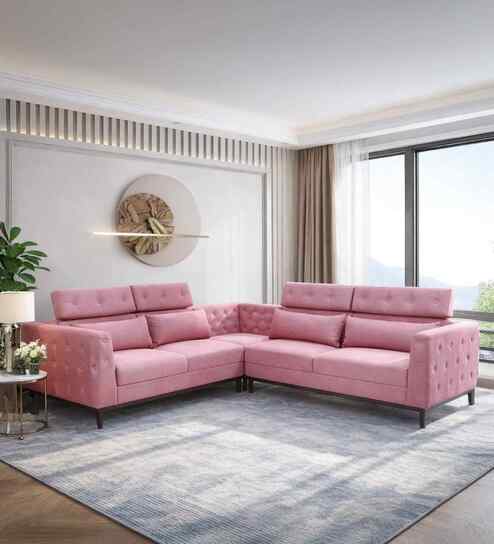 Winchester Chenille Fabric Corner Sofa With Adjustable Headrests in Blush Pink Colour