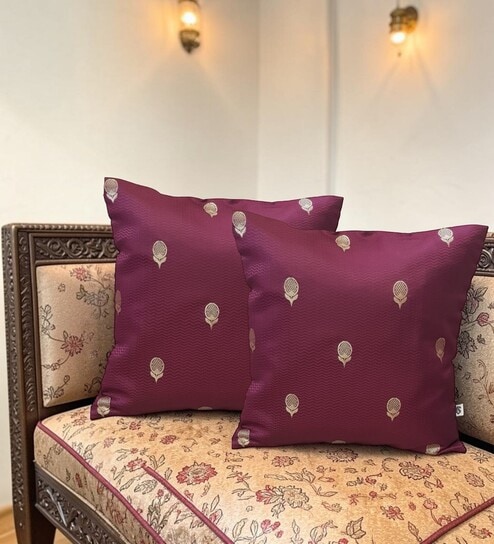 Wine Silk blend Banarasi Chanderi Zari 16x16 inches Cushion Covers (Set of 2)