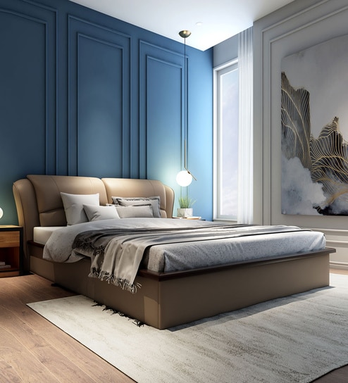 Winston Leatherette Queen Size Beds with Hydraulic Storage in Beige Finish