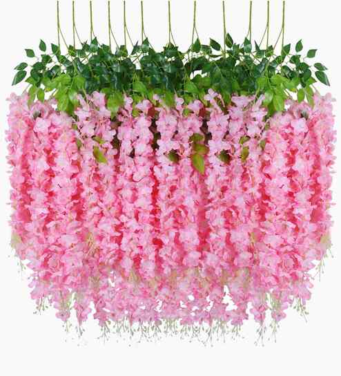 Set Of 12 Pink Plastic 3.7 Wisteria Hanging Artificial Flowers