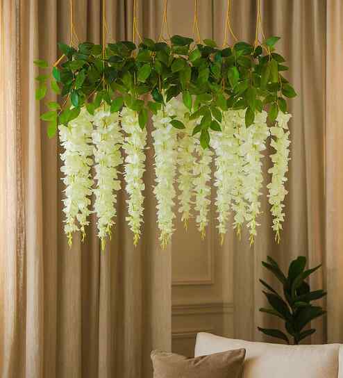 Set Of 6 White Plastic 3.7 Wisteria Hanging Artificial Flowers