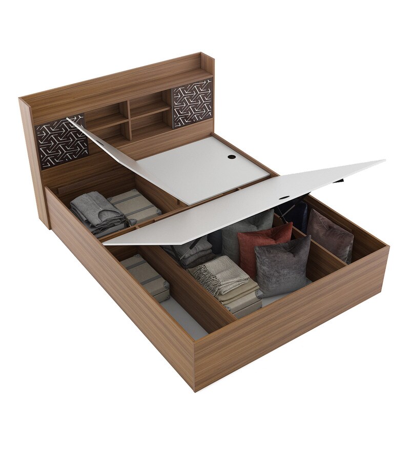 Buy Winslet Queen Size Bed in Teak & White Finish with Hydraulic Storage by A GLOBIA CREATIONS