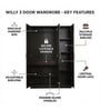 Willy Plus 3 Door Wardrobe In Walnut Finish