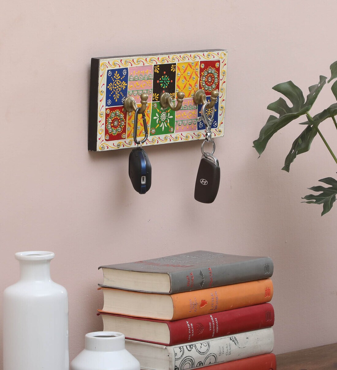 Buy Wooden Hand Painted Multicolour Key Holder With 3 Hooks By