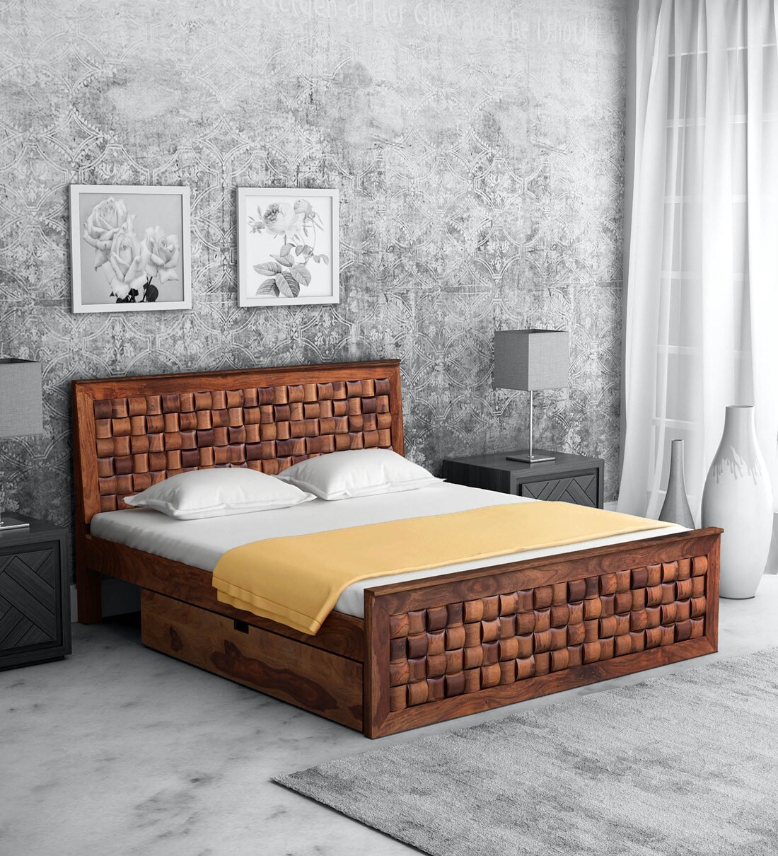 Buy Woodway Sheesham Wood King Size Bed With Drawer Storage In Rustic