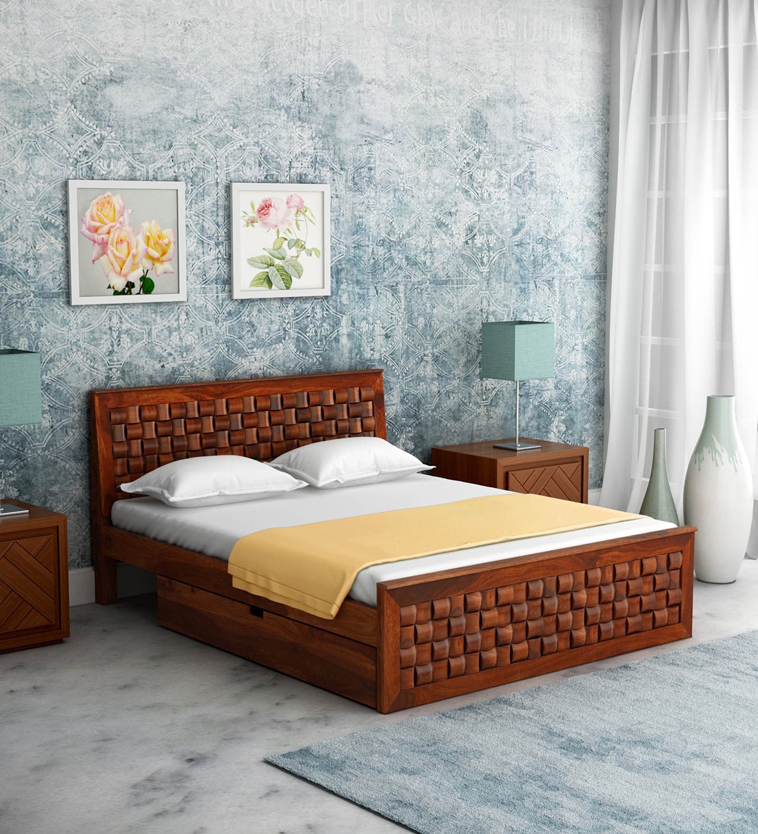 Buy Woodway Solid Wood Queen Bed With Drawer Storage In Honey Oak Finish By Woodsworth Online