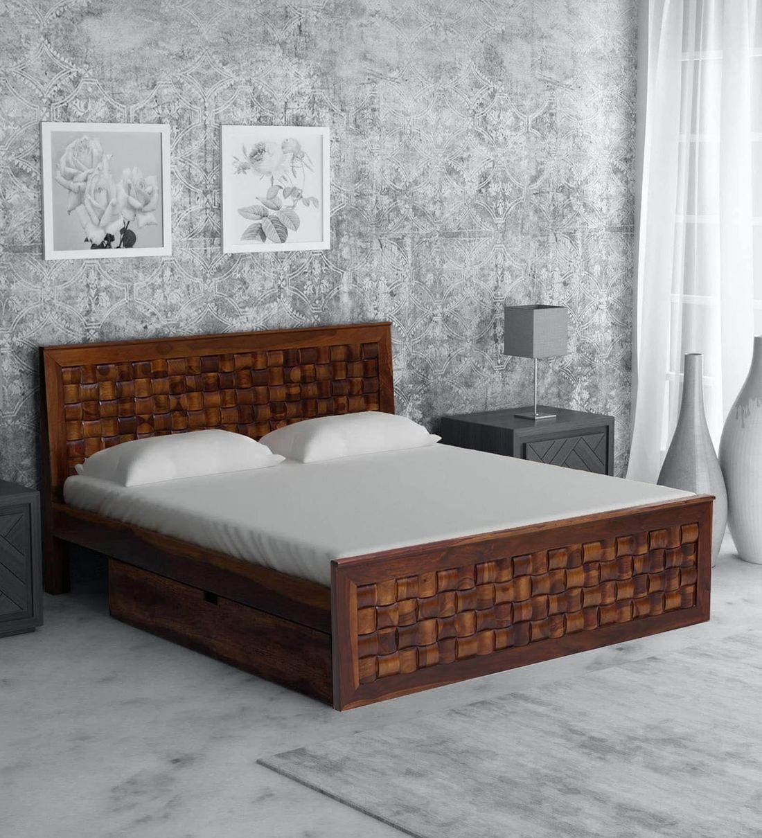Buy Woodway Solid Wood Queen Size Bed With Drawer Storage In Provincial