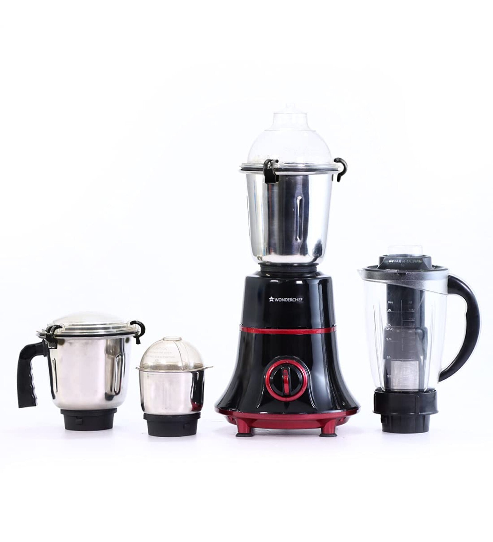 Wonderchef Glory Mixer Grinder 750W with 4 Stainless Steel Jars and Ergonomic Handles.
