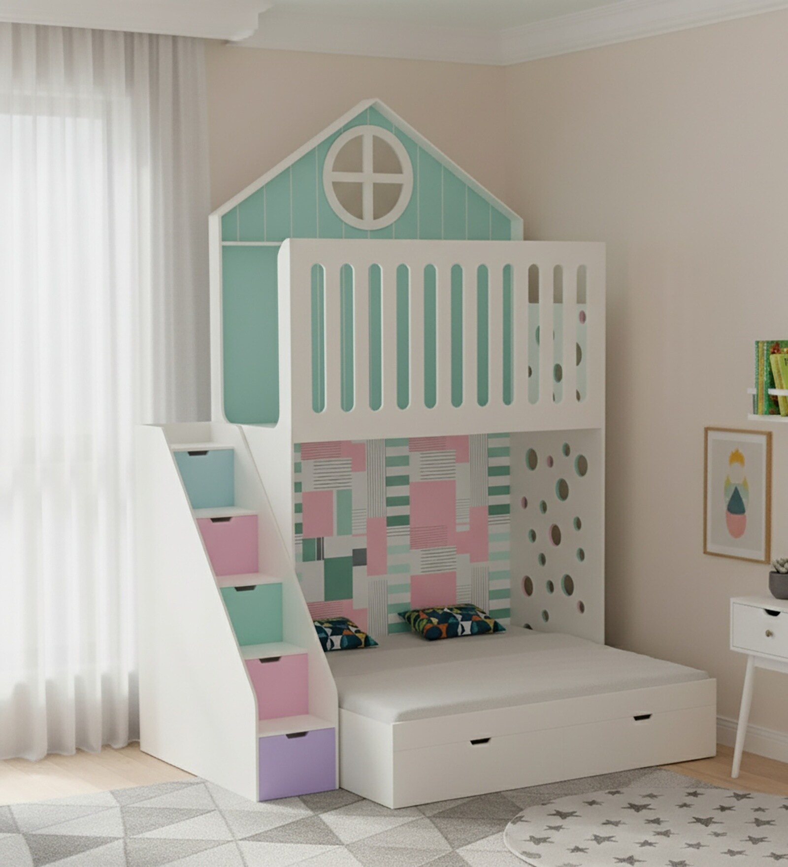 WonderSteps Bunk Bed With Staircase and Drawer Storage In Green Colour