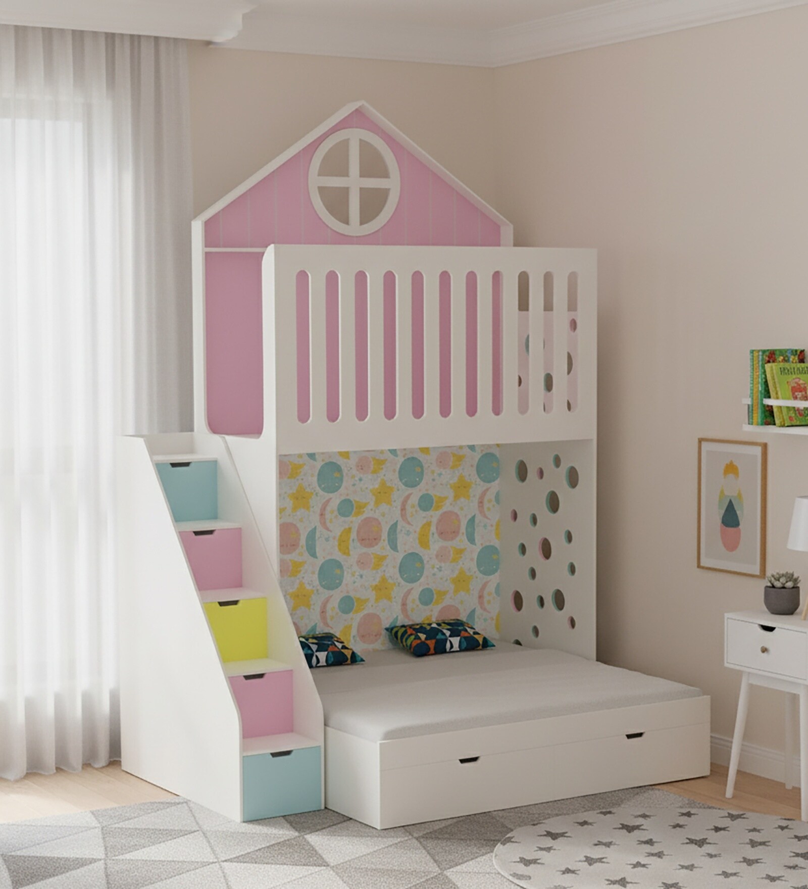 WonderSteps Bunk Bed With Staircase and Drawer Storage In Pink Colour