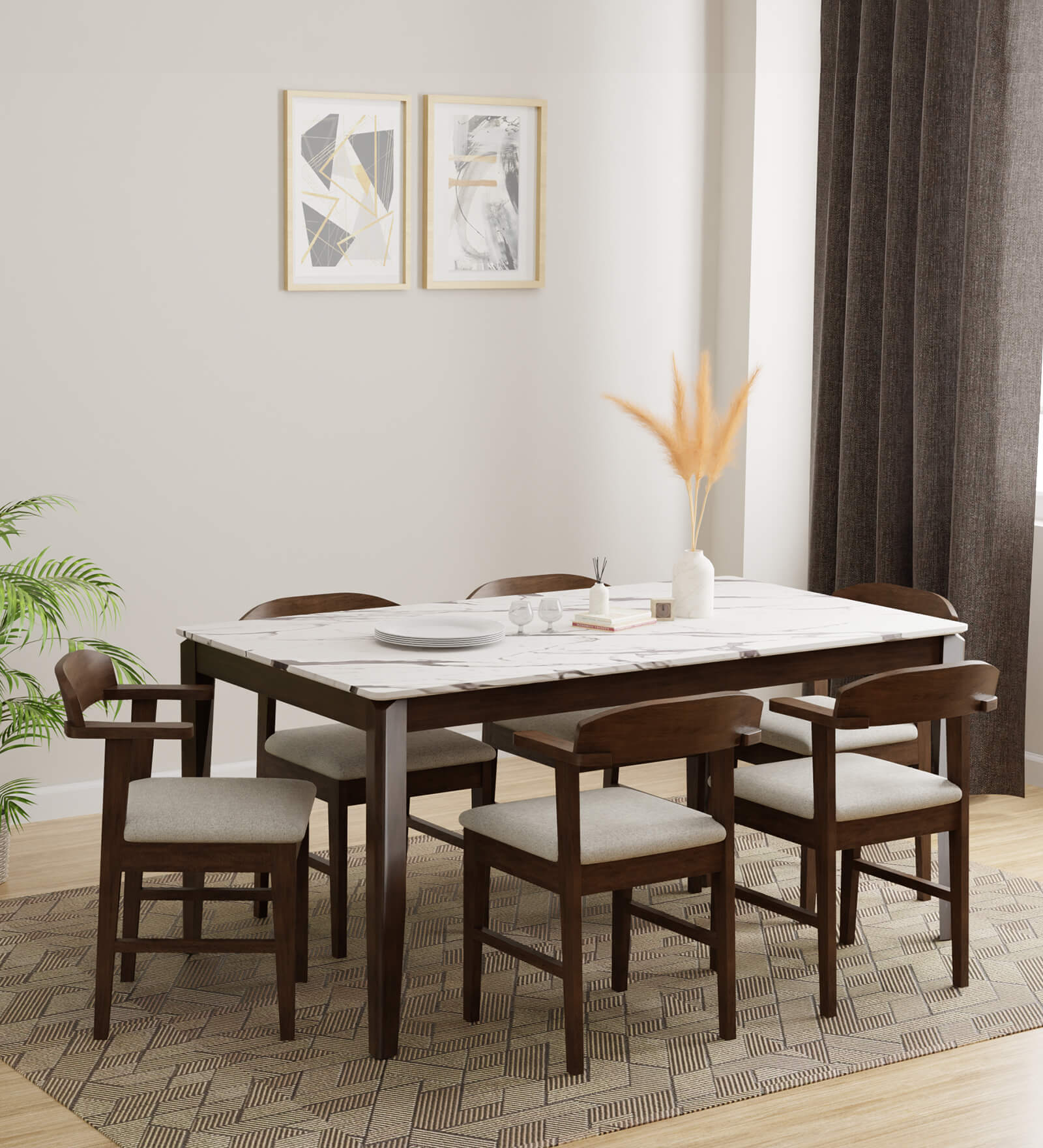 Wondertop Solid Wood 6 Seater Dining Set In Marble Finish
