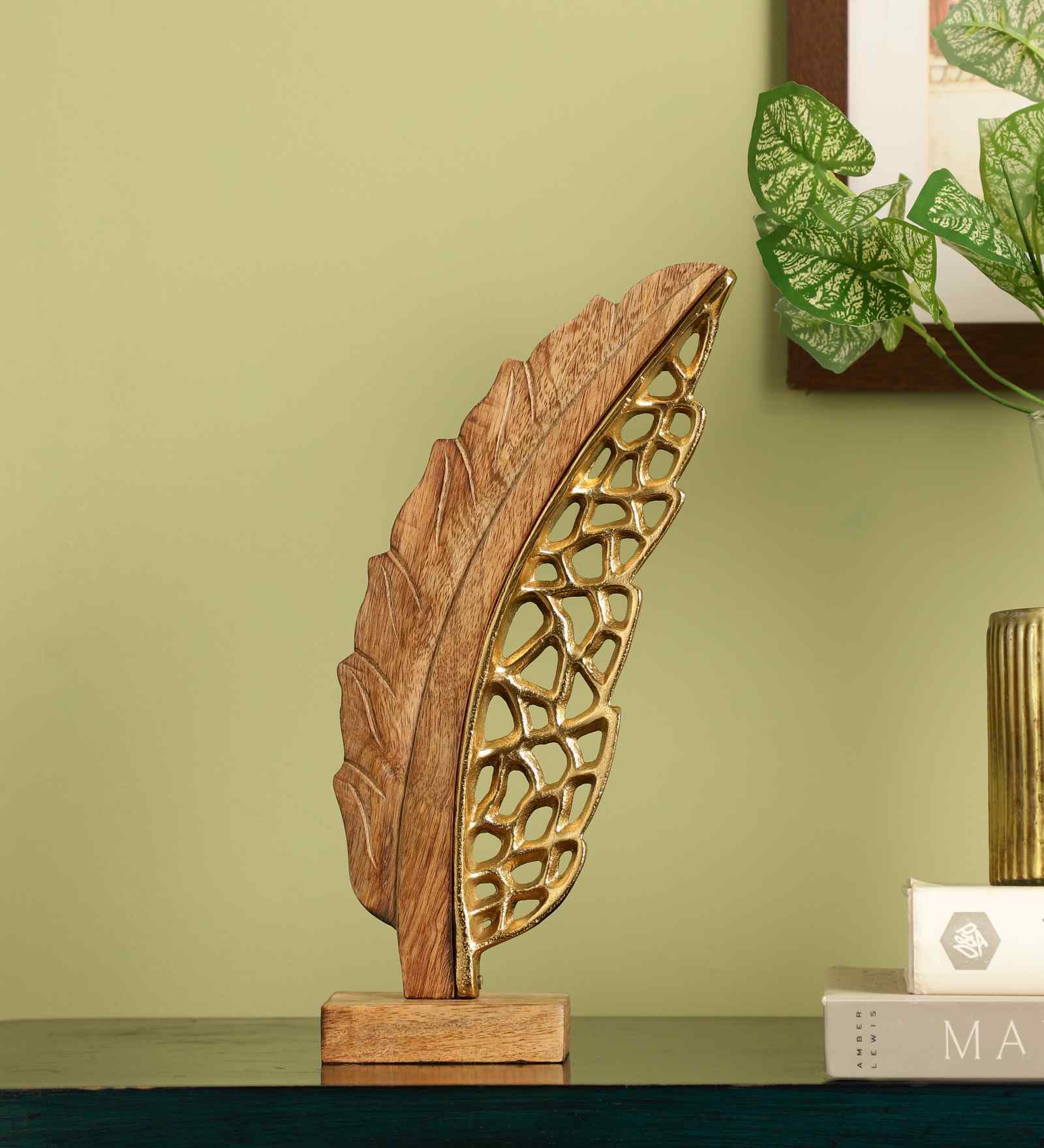 Wood And Aluminium Leaf Tabletop Showpiece