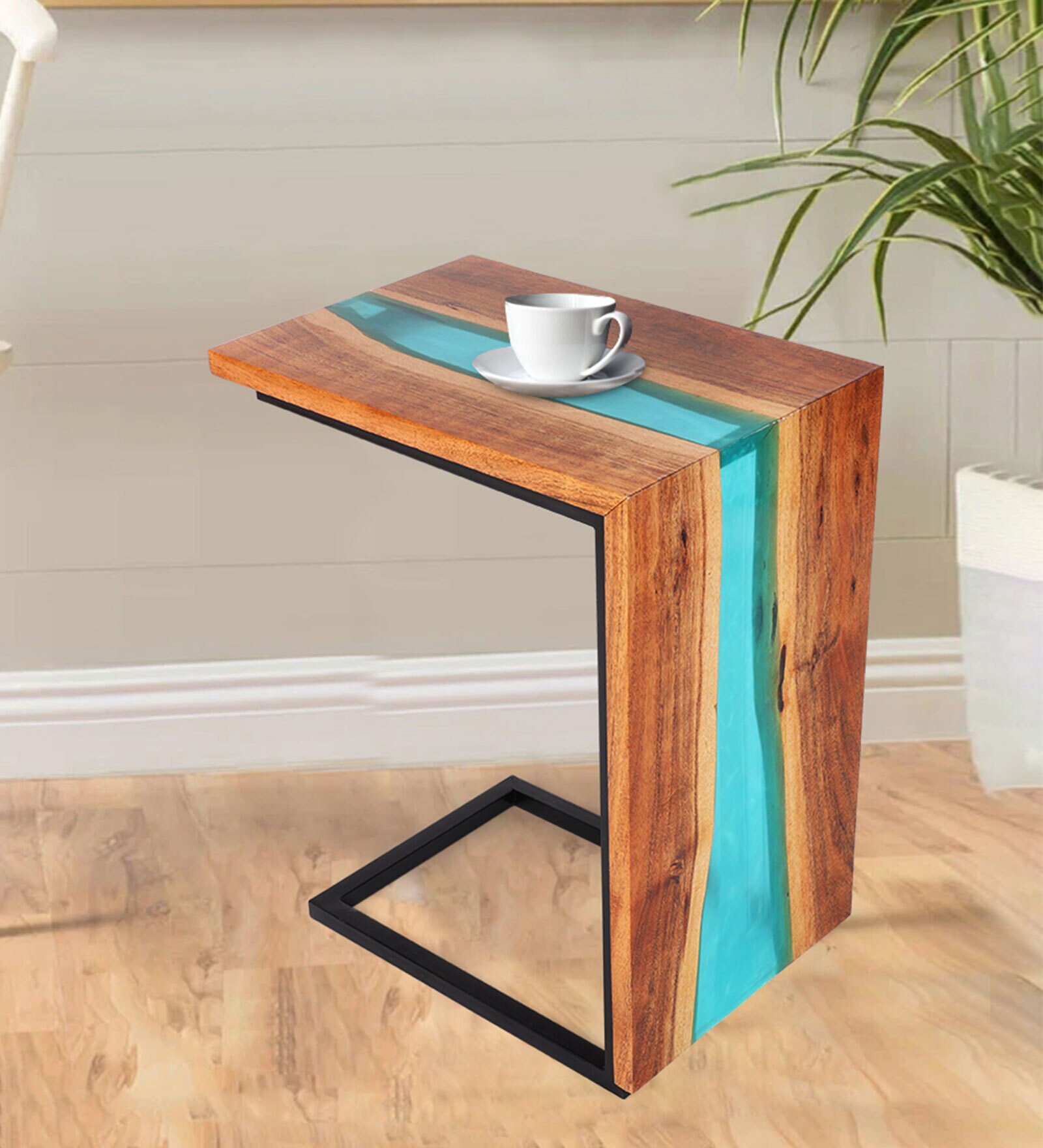 Epoxy Metal C-Shape End Table In Teal Resin Finish Epoxy Metal C-Shape End Table In Teal Resin Finish