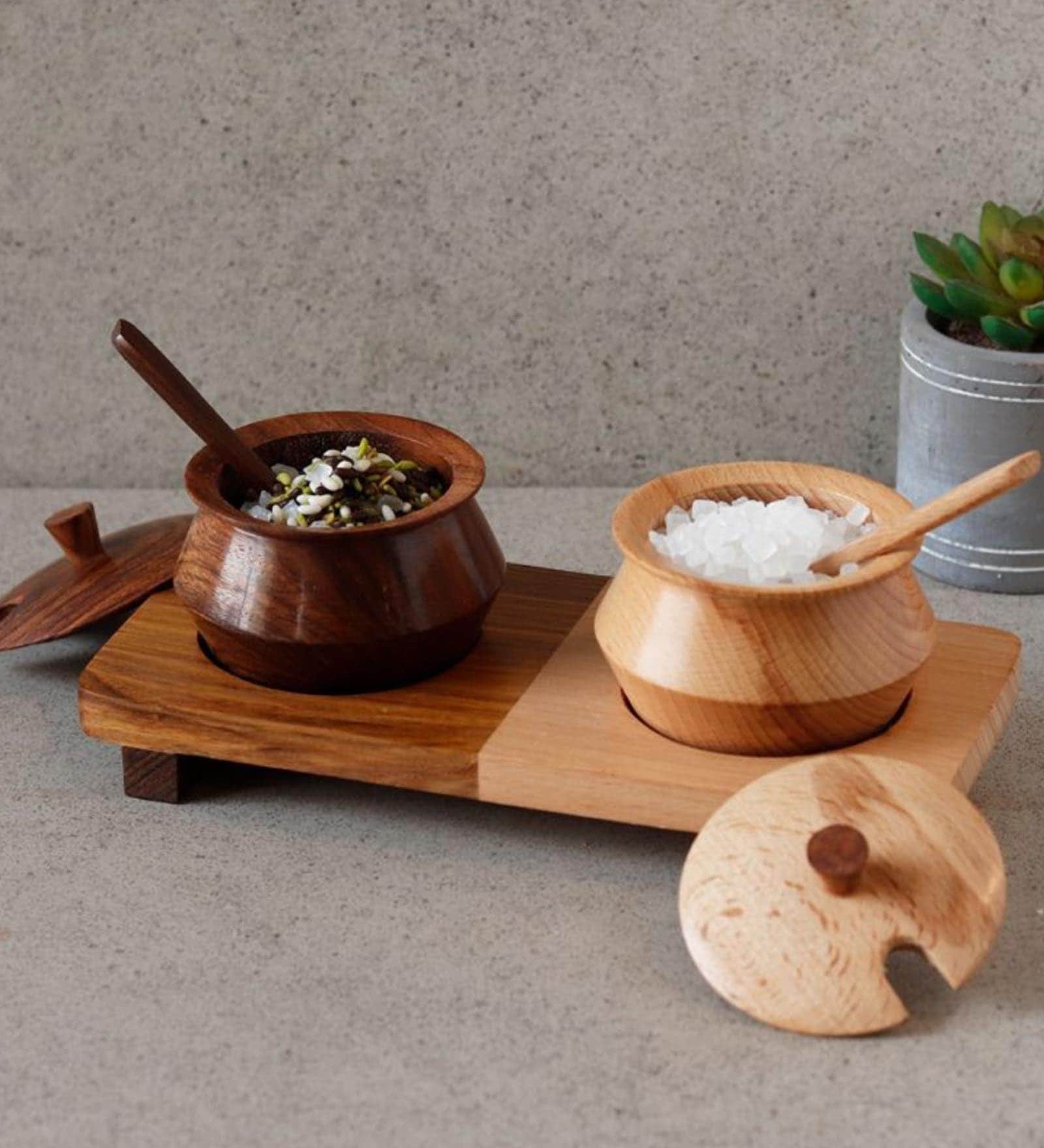 Wood Fusion 60Ml Sheesham Wood 2 Pcs Condiment Jar with Spoon & Tray