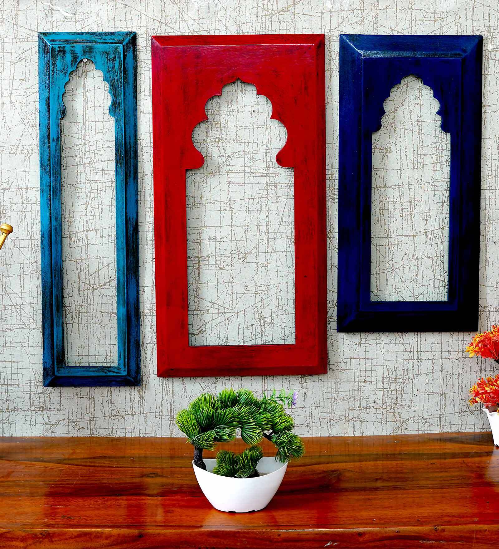 Wooden (Set Of 3) Carved Jharokha In Blue Colour