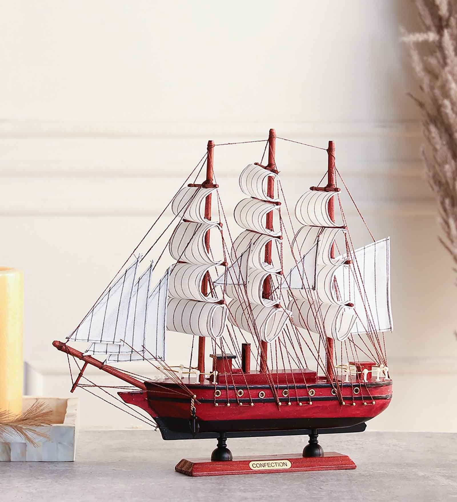 Wooden 12 inches Red with Rails Sailing Ship Showpiece