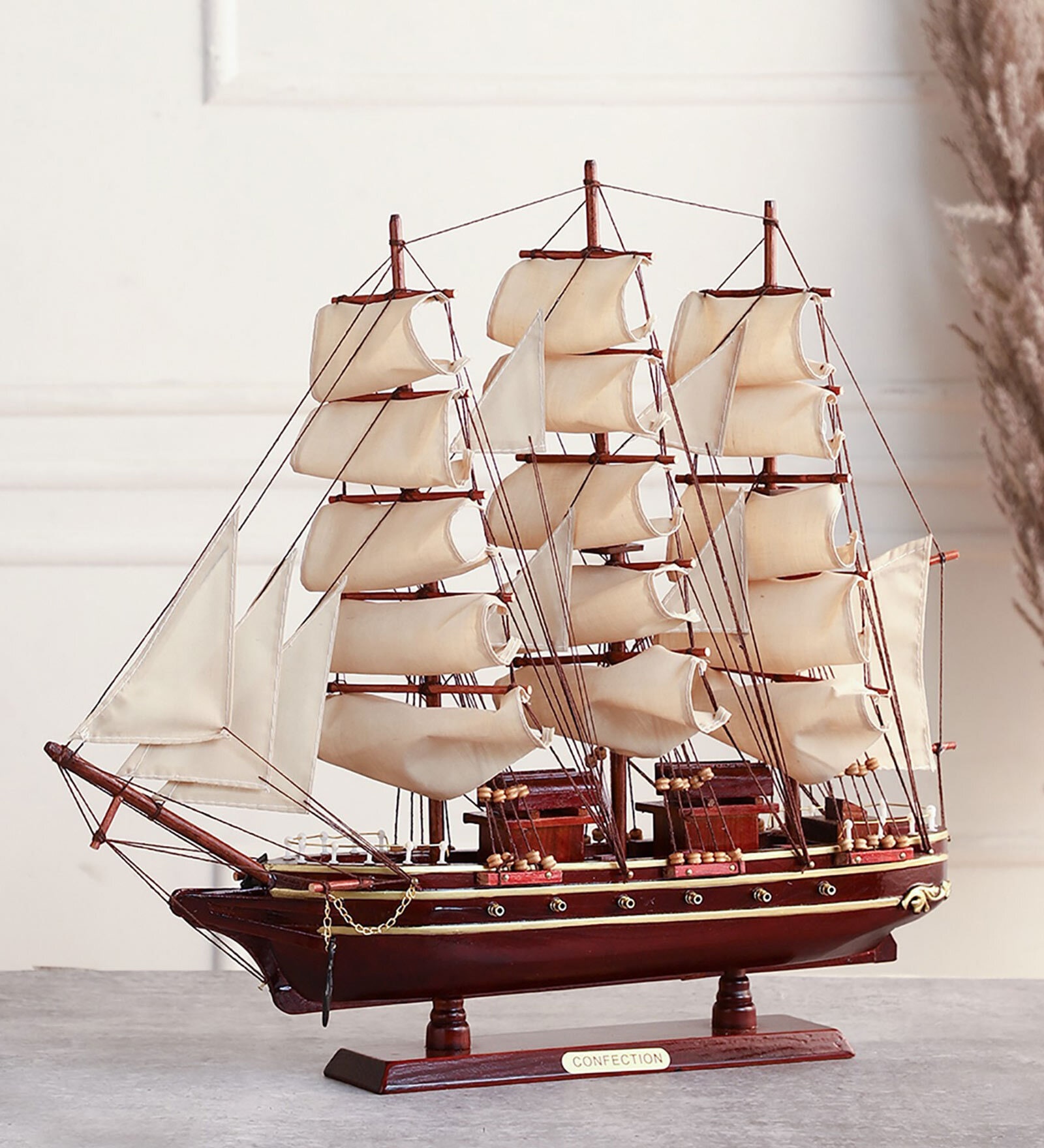 Wooden 17 inches Maroon and Golden with Curated Deck Sailing Ship Showpiece