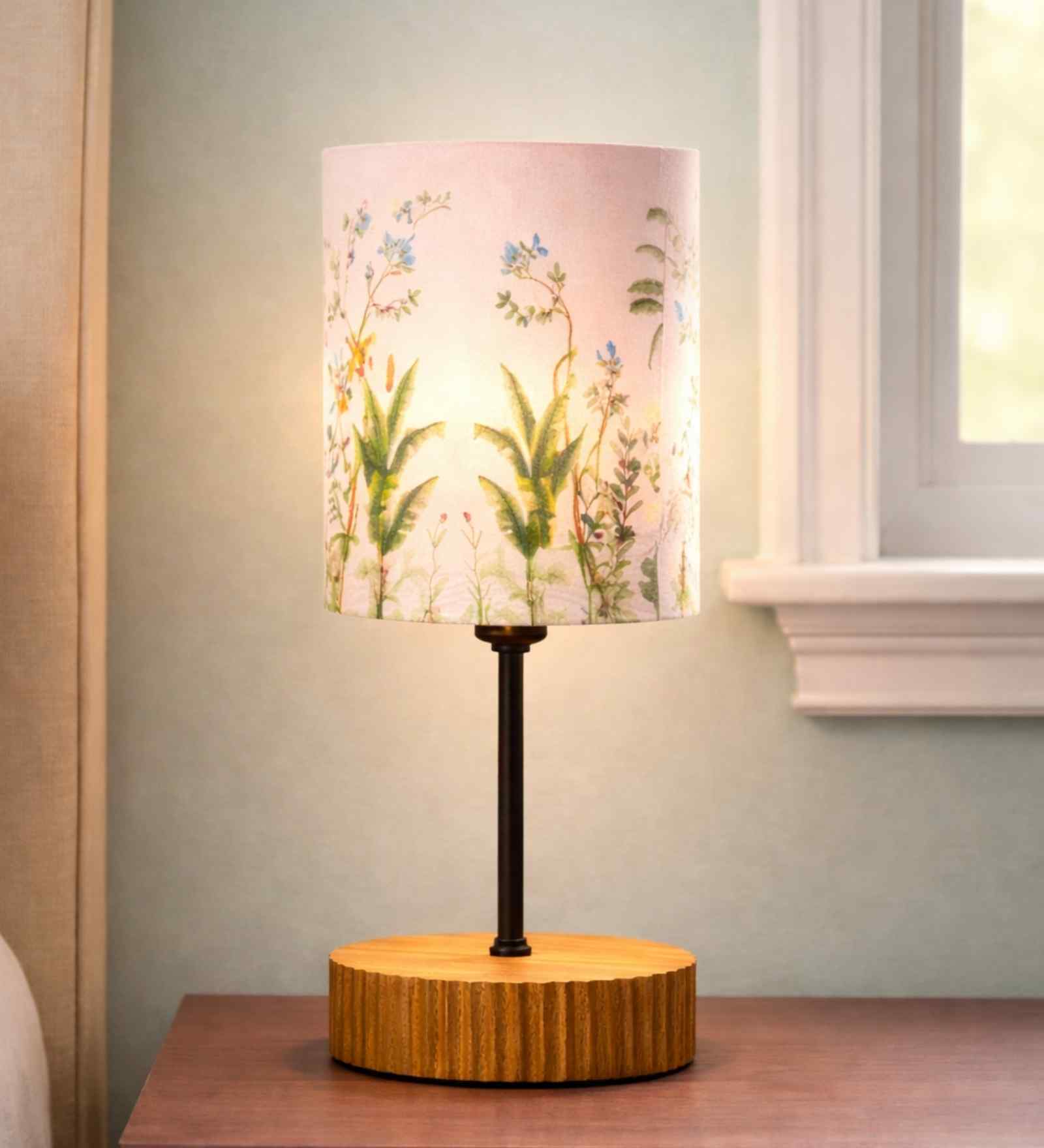 Wooden Base Table Lamp with Nature Printed Fabric Shade