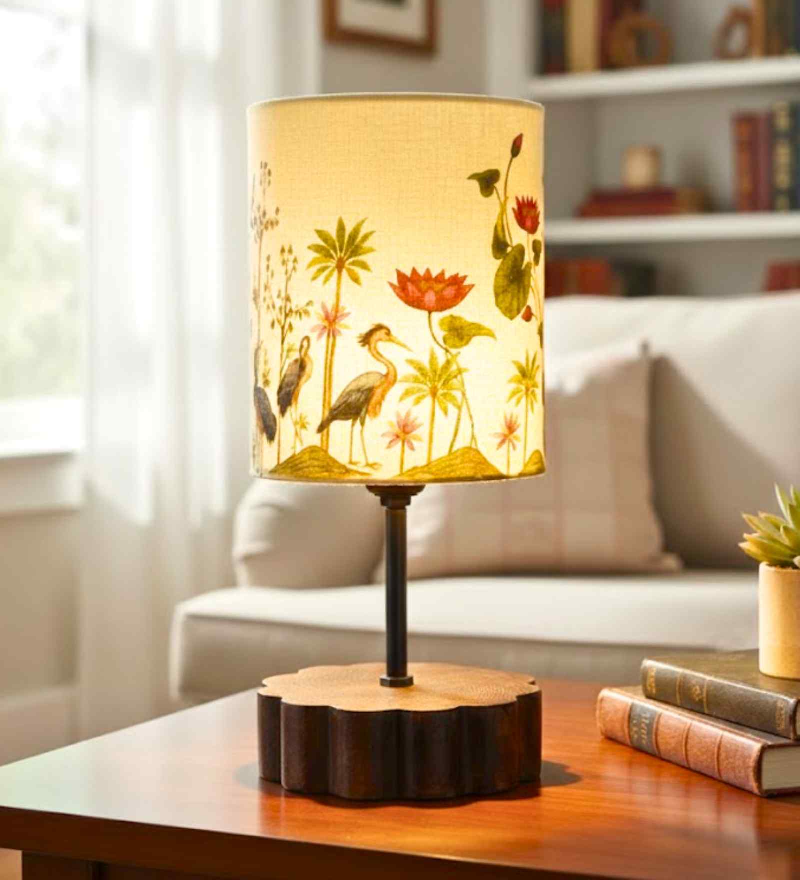 Wooden Base Table Lamp with Nature Printed Fabric Shade