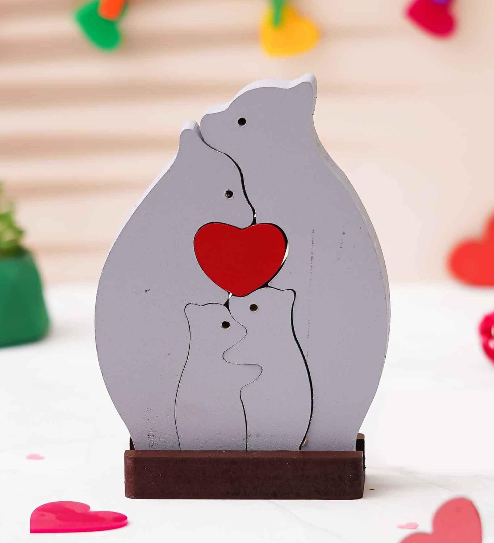 Wooden Bear Family With Heart Decorative Showpiece