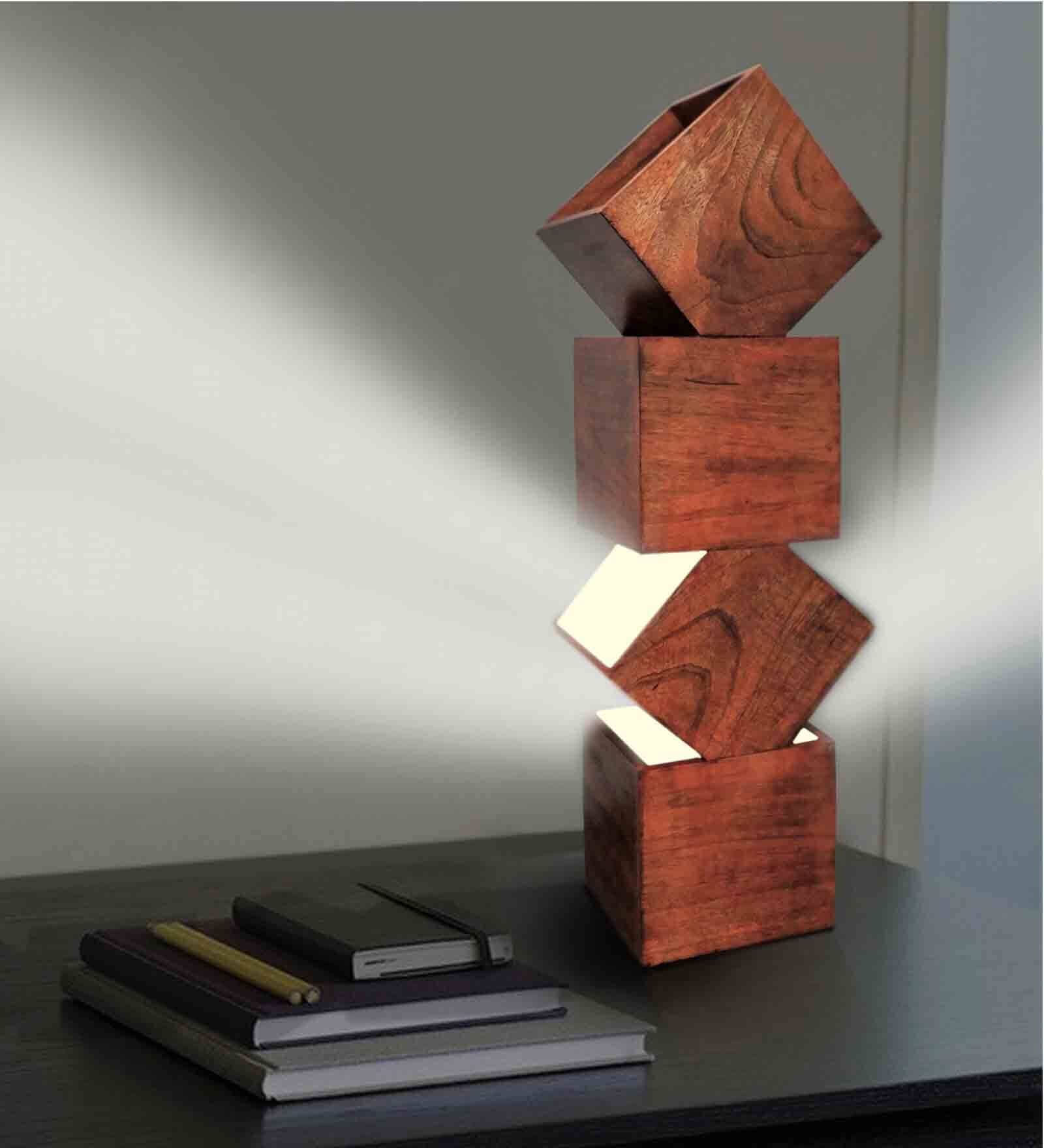 Wooden Box Over The Box Shade Table Lamp With Brown Base
