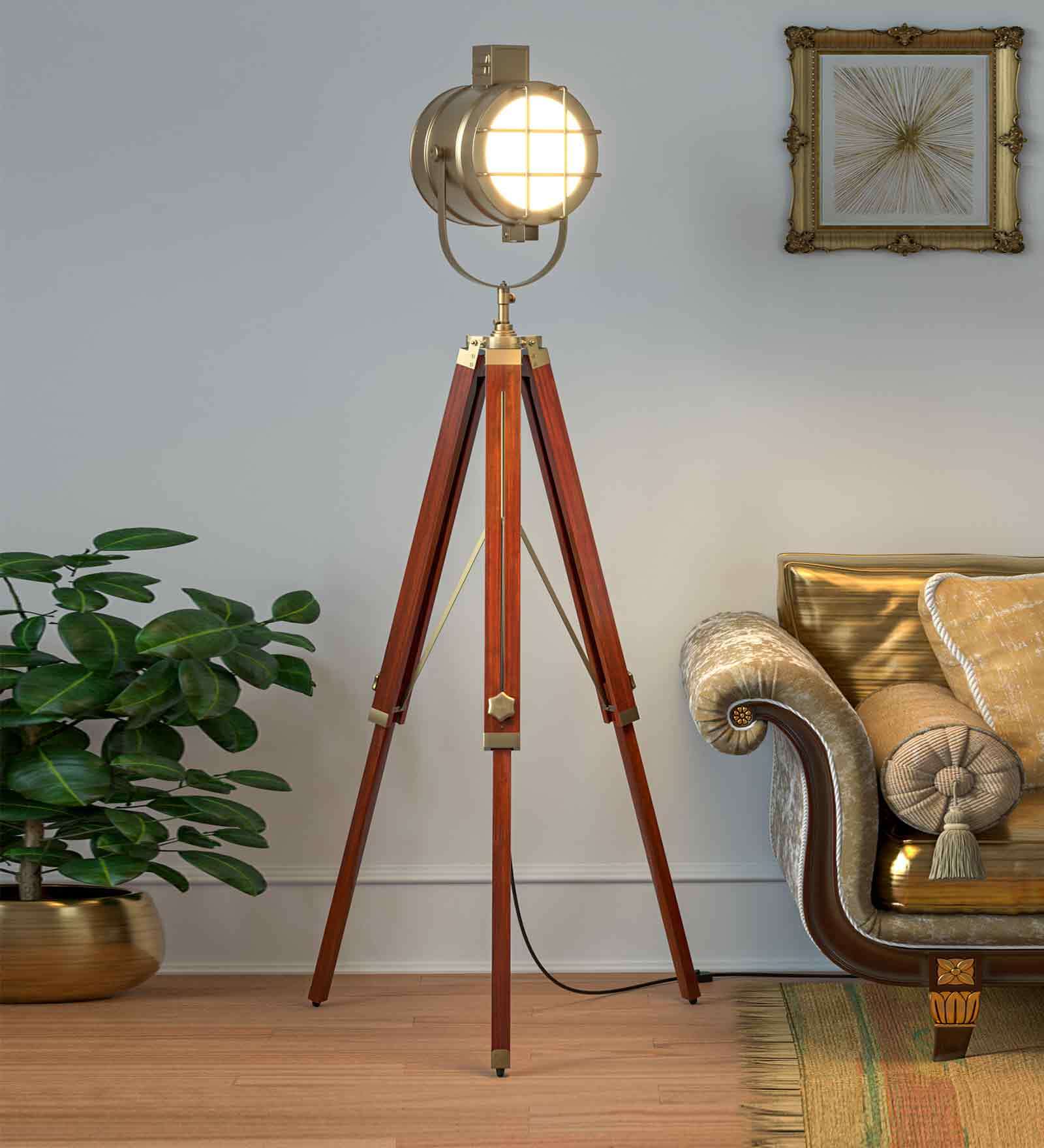 Antique Brass Aluminum & Steel Shade Tripod Floor Lamp With Wood & Metal Base