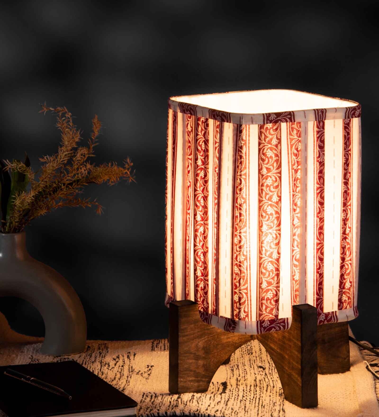 Wooden Brown Base Lamp with pleeted Red Leafyprint Soft Shade