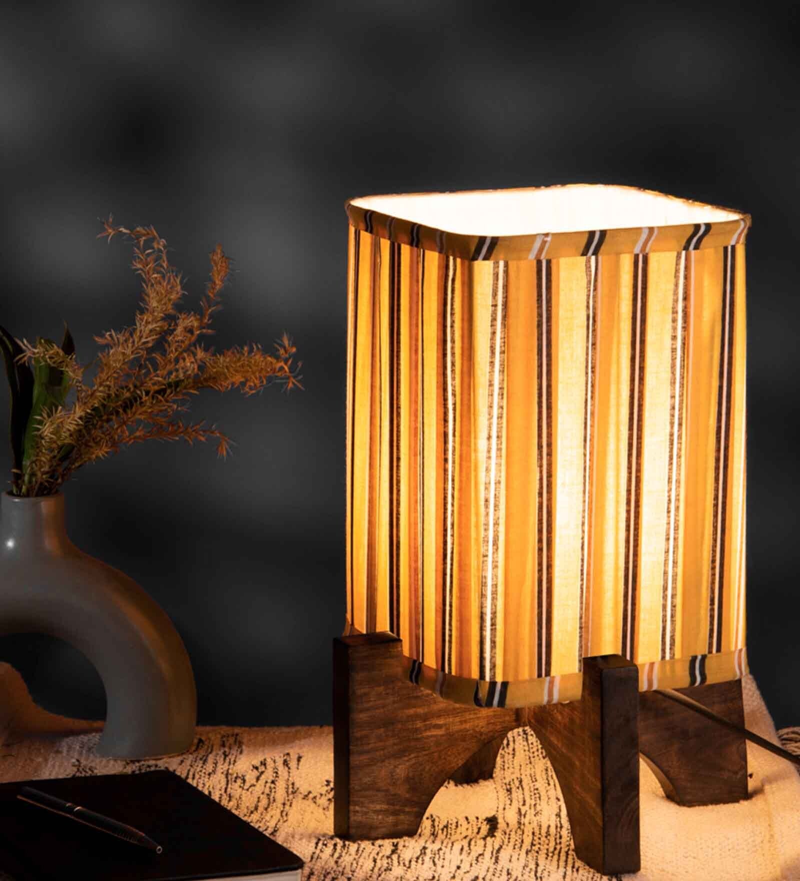 Wooden Brown Base Lamp with pleeted Yellow Candyprint Soft Shade