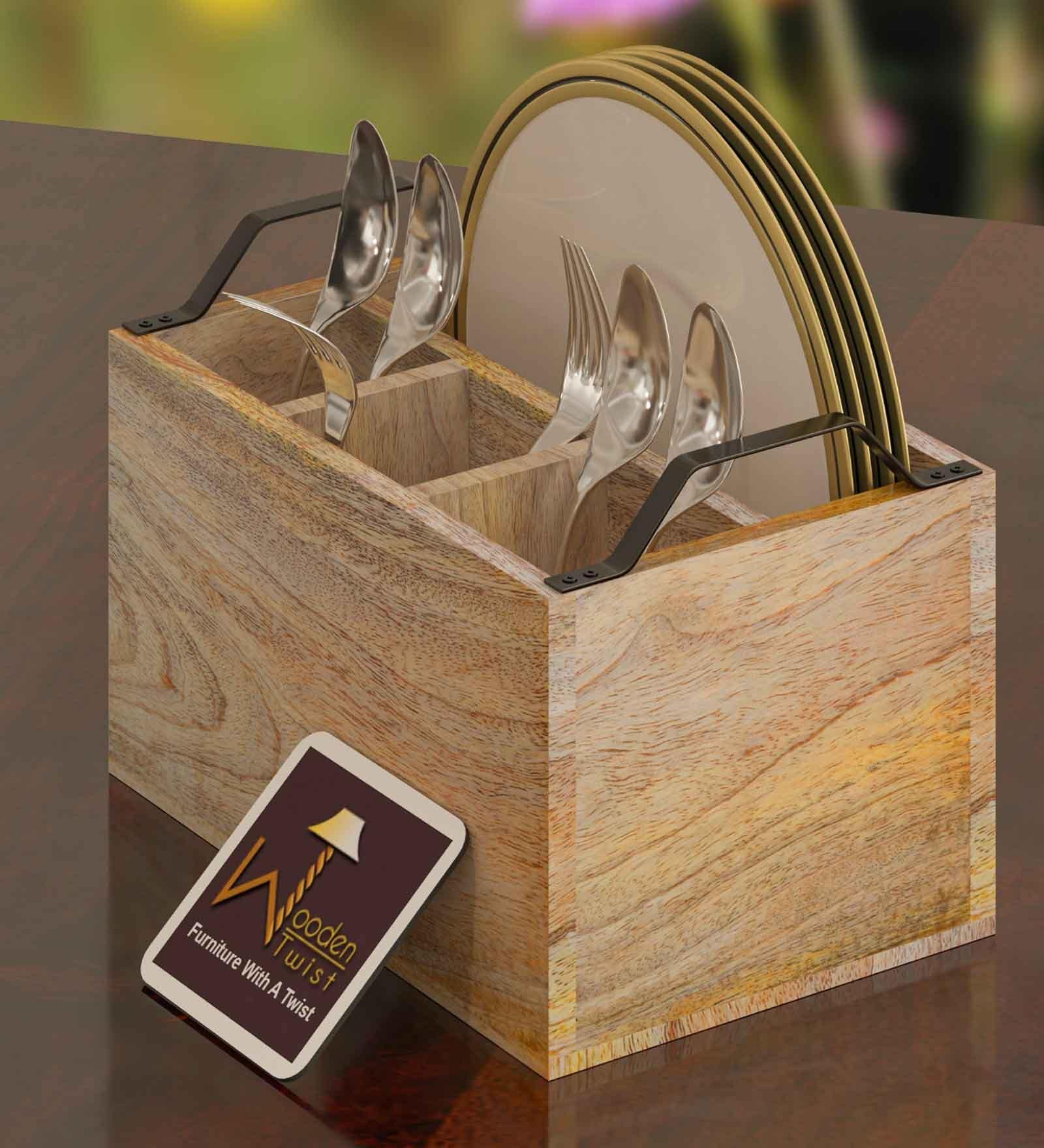 Brown  Mango Wood 4 Compartments Cutlery Holder