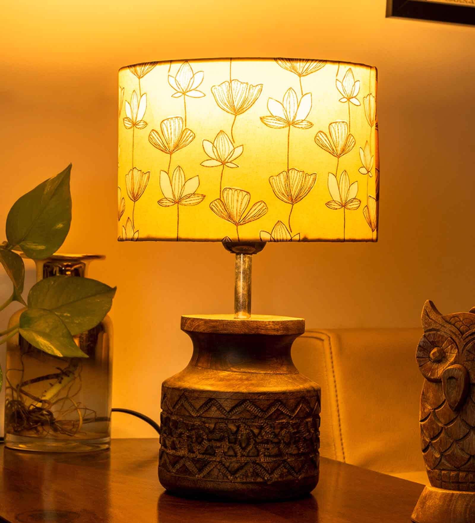Wooden Carved Lamp with Mustard Flora Multicolor Shade Wooden Carved Lamp with Mustard Flora Multicolor Shade