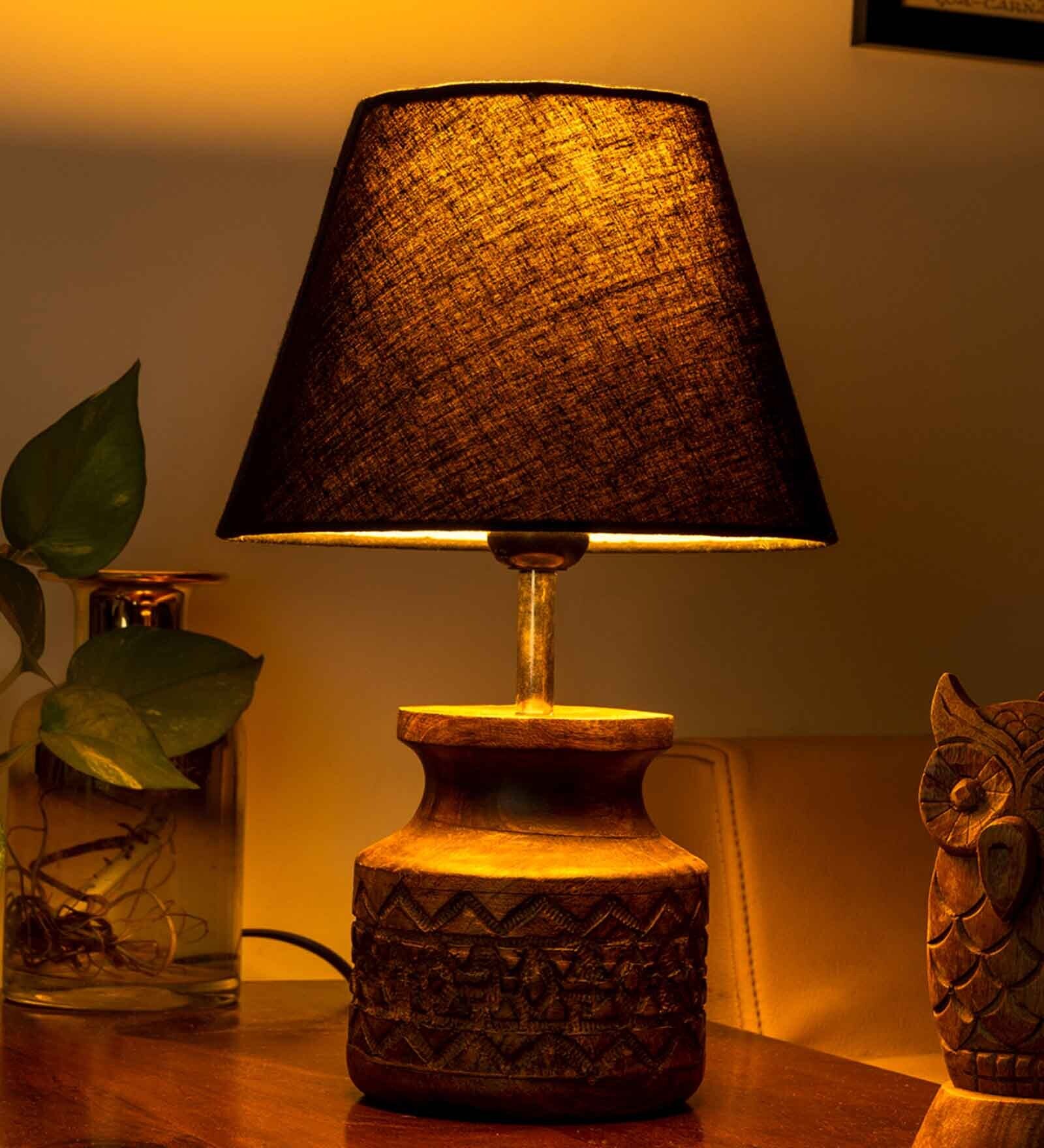 Wooden Carved Lamp with Taper Cotton Black Shade